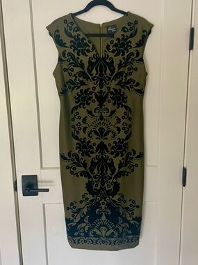 Eci Black & Olive Velvet Flocked Sheath Dress